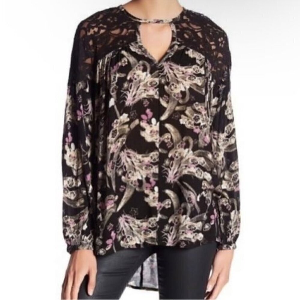 Melrose and Market Floral Blouse Sz.L Black Lace Cutouts Keyhole Whimsigoth Boho